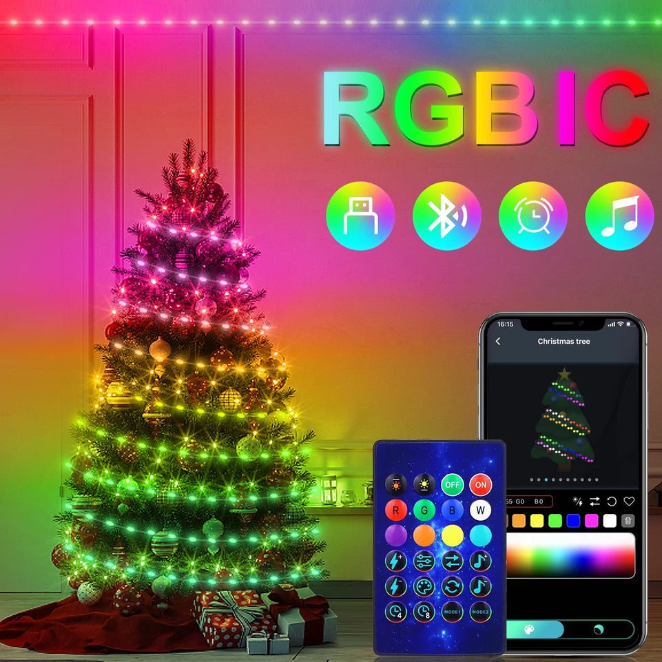 20M Dream Color USB 5V LED Sting Light Bluetooth Music APP RGBIC Addressable Fairy Lights Birthday Party Garland Christmas Decor
