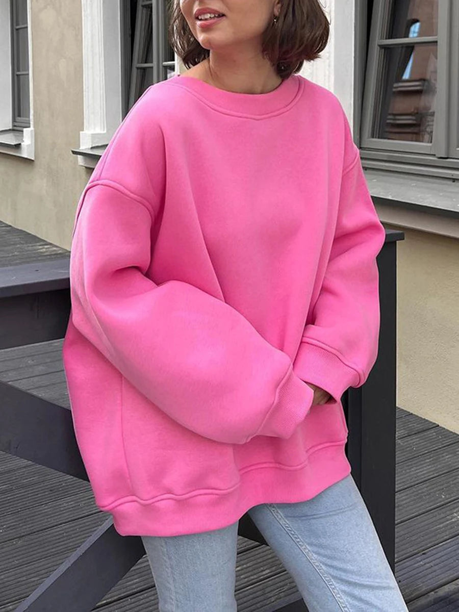 Women Warm Oversized Fall Sweatshirt Solid Color Long Sleeve Round Neck Shirt Baggy Winter Going Out Tops